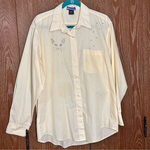 Las Olas Women's Long Sleeve Button Down Large Yellow Bedazzled Ladybugs Flowers